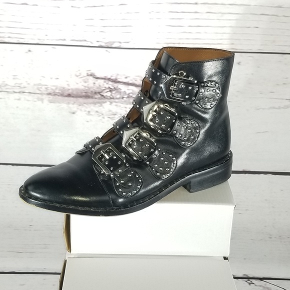 Black Studded Buckled Ankle Biker Boot - Picture 5 of 7